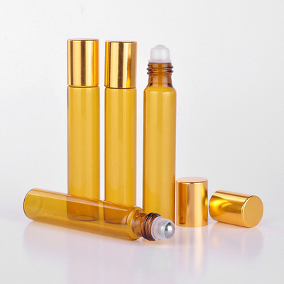 10ml  Amber Essential Oil Glass Roll On Bottle With Silver or Gold Cap and Metal Roller