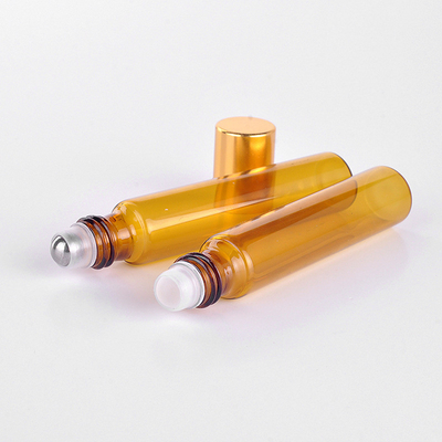10ml  Amber Essential Oil Glass Roll On Bottle With Silver or Gold Cap and Metal Roller